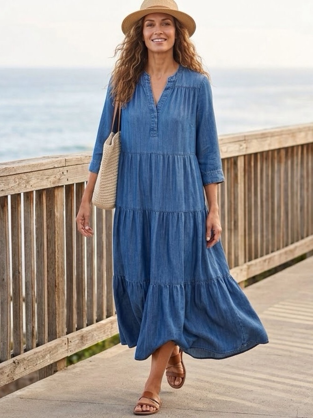 Chico's / Chambray Tiered Maxi Dress in Blue - Sz. 8 - NWT